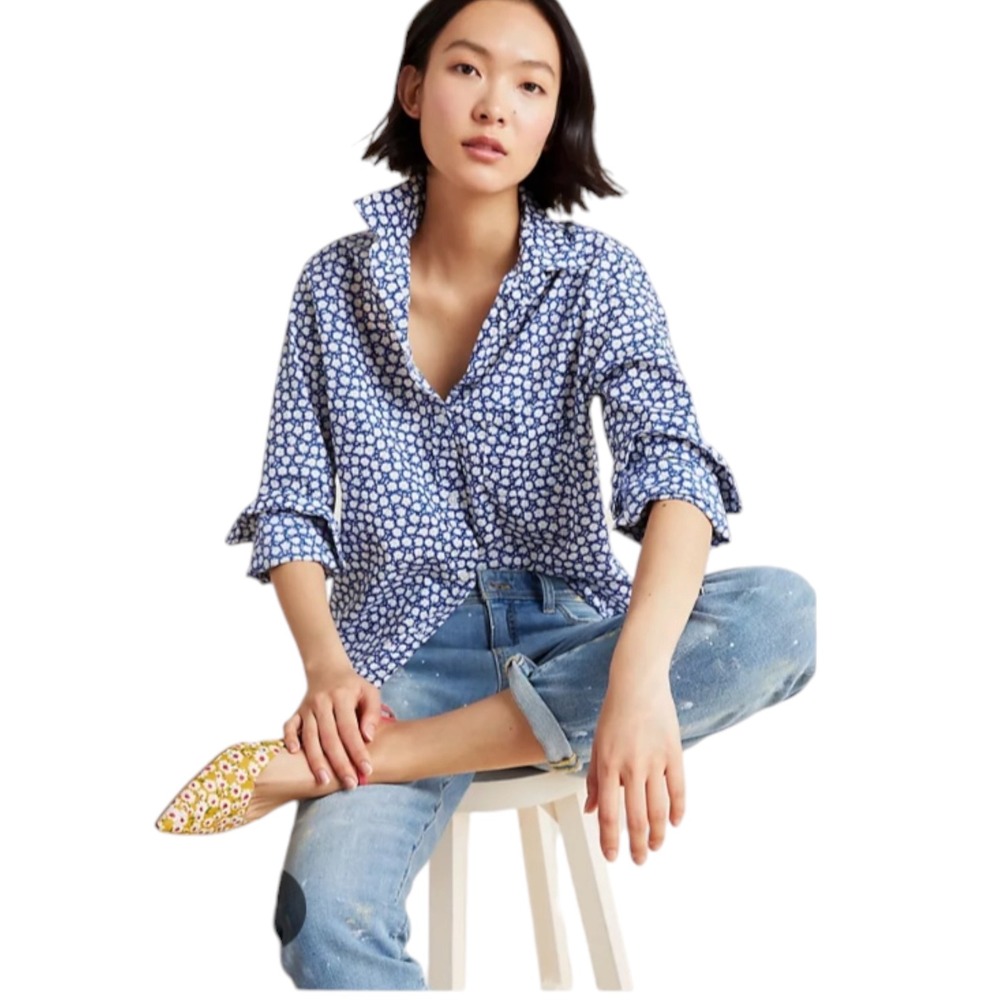 Grayson The Hero Daisy Floral Cotton Button Down Shirt Womens 02 Navy Blue White